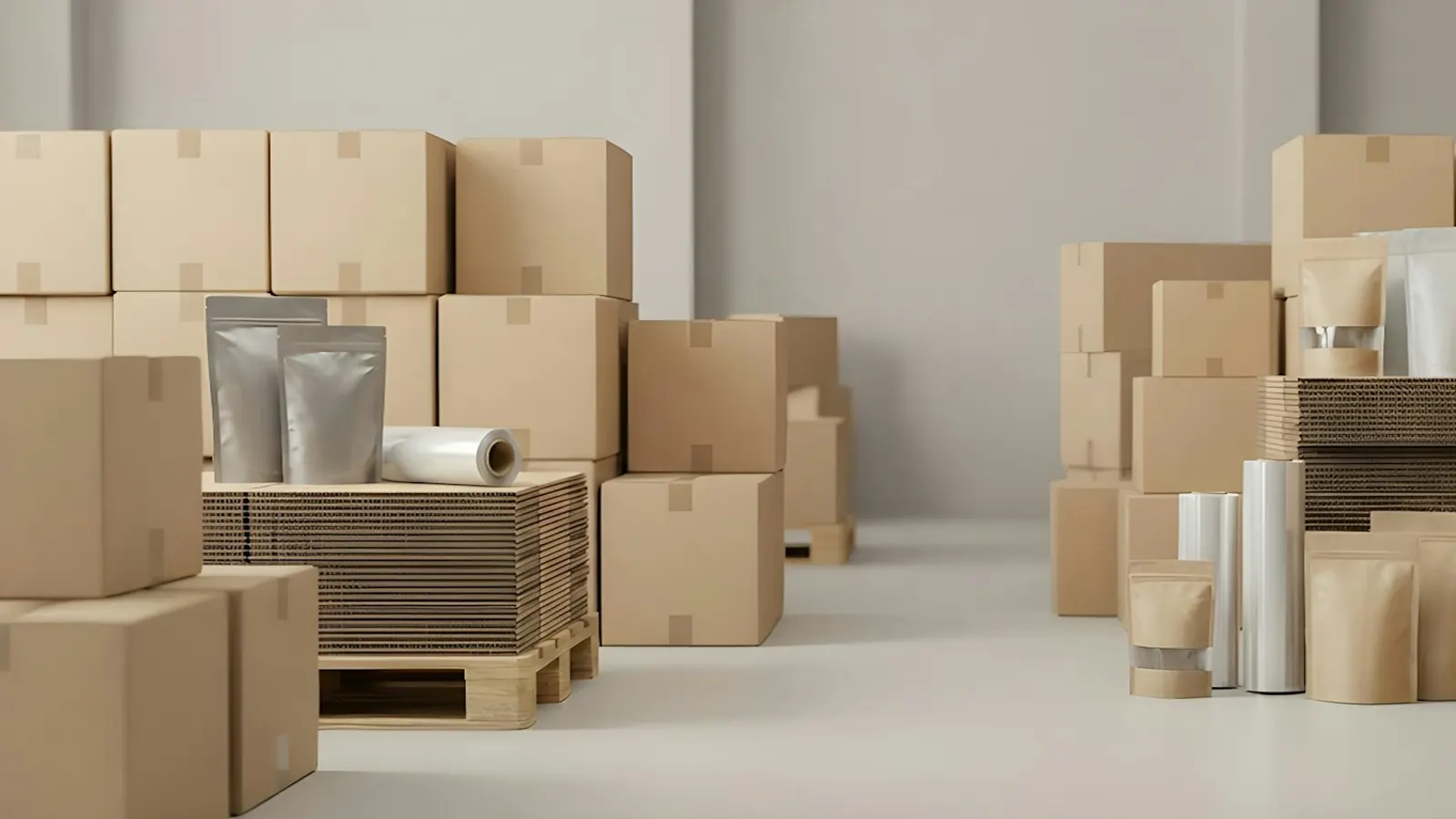Thùng carton và pallet xếp trong khu đóng gói